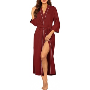 Ekouaer Robes for Women Long Knit Bathrobe Soft 3/4 Sleeves Kimono Robe | V Neck, Pockets, Calf Length, Lightweight Material, Tie(Wine Red)