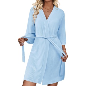 Ekouaer Waffle Robes for Women Lightweight Knit V Neck 3/4 Sleeve Kimono Bathrobe with Pockets Soft Sexy Spa Loungewear S-XXL(Army Green)