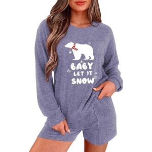 Ekouaer Women’s Pajama Sets Long Sleeve Top & Shorts Matching Lounge Set | Fall Outfits, 2026 2 Piece Loungewear, Stretchy Ribbed Fuzzy Sleepwear, Suitable Cozy Home Wear, Travel, Vacation, Airport(Blue Bear)