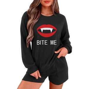 Ekouaer Women’s Pajama Sets Long Sleeve Top & Shorts Matching Lounge Set | Fall Outfits, 2026 2 Piece Loungewear, Stretchy Ribbed Fuzzy Sleepwear, Suitable Cozy Home Wear, Travel, Vacation, Airport(Black/Bite Me)