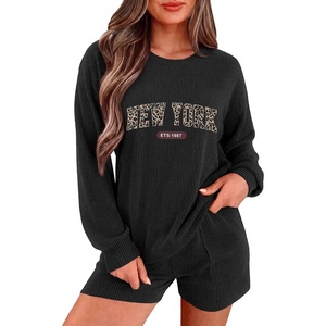 Ekouaer Women’s Pajama Sets Long Sleeve Top & Shorts Matching Lounge Set | Fall Outfits, 2026 2 Piece Loungewear, Stretchy Ribbed Fuzzy Sleepwear, Suitable Cozy Home Wear, Travel, Vacation, Airport(Black Ny)