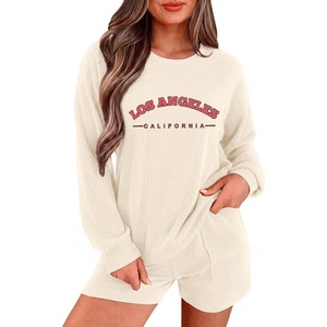 Ekouaer Women’s Pajama Sets Long Sleeve Top & Shorts Matching Lounge Set | Fall Outfits, 2026 2 Piece Loungewear, Stretchy Ribbed Fuzzy Sleepwear, Suitable Cozy Home Wear, Travel, Vacation, Airport(Beige)