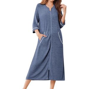 Ekouaer Zipper Robes for Women 3/4 Sleeve Bathrobe Lightweight House Coats | Zip-front,Two Pockets,Long Length,Contrast Piping Mumu Duster Moo Moo Nightgown Lounge Robe(Navy Blue)