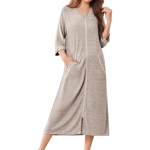 Ekouaer Zipper Robes for Women 3/4 Sleeve Bathrobe Lightweight House Coats | Zip-front,Two Pockets,Long Length,Contrast Piping Mumu Duster Moo Moo Nightgown Lounge Robe(Khaki)