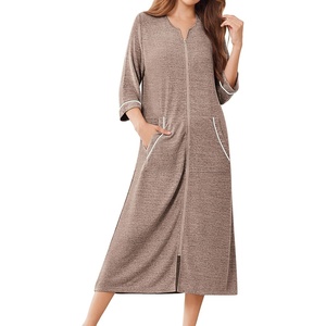 Ekouaer Zipper Robes for Women 3/4 Sleeve Bathrobe Lightweight House Coats | Zip-front,Two Pockets,Long Length,Contrast Piping Mumu Duster Moo Moo Nightgown Lounge Robe(Light Brown)