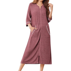Ekouaer Zipper Robes for Women 3/4 Sleeve Bathrobe Lightweight House Coats | Zip-front,Two Pockets,Long Length,Contrast Piping Mumu Duster Moo Moo Nightgown Lounge Robe(Wine Red)