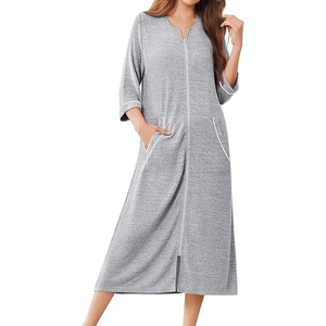 Ekouaer Zipper Robes for Women 3/4 Sleeve Bathrobe Lightweight House Coats | Zip-front,Two Pockets,Long Length,Contrast Piping Mumu Duster Moo Moo Nightgown Lounge Robe(Light Gray)