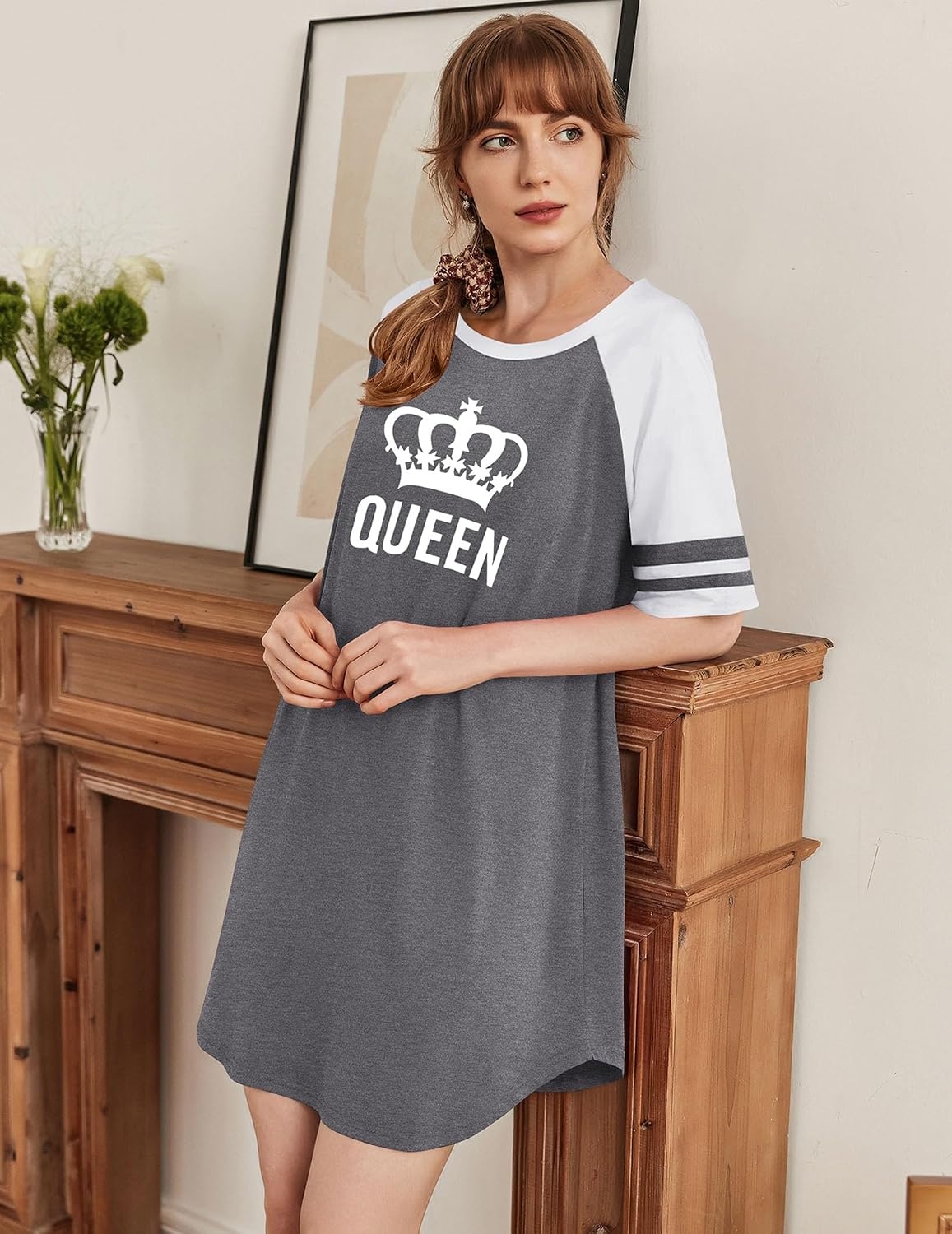 image:imageEkouaer Cotton Nightgowns for Women Color Block Short Sleeve Sleep Shirts  Soft Cotton Crew Neck Short Night Shirts Daily Wear Oversize Sleepwear Comfy and Stylish Sleep Vacation TravelQueen Grey