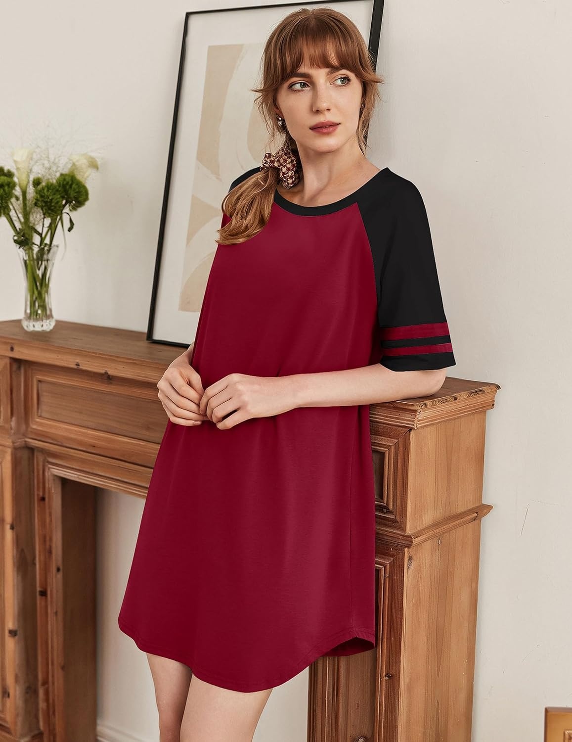 image:imageEkouaer Cotton Nightgowns for Women Color Block Short Sleeve Sleep Shirts  Soft Cotton Crew Neck Short Night Shirts Daily Wear Oversize Sleepwear Comfy and Stylish Sleep Vacation TravelWine Red