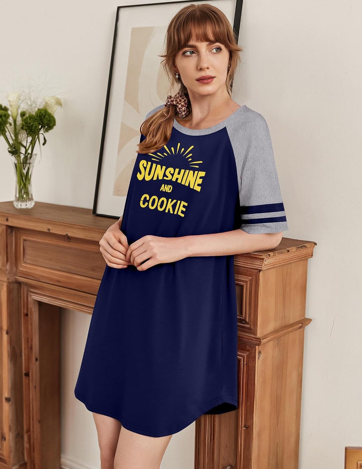 image:imageEkouaer Cotton Nightgowns for Women Color Block Short Sleeve Sleep Shirts  Soft Cotton Crew Neck Short Night Shirts Daily Wear Oversize Sleepwear Comfy and Stylish Sleep Vacation TravelSunshine Blue