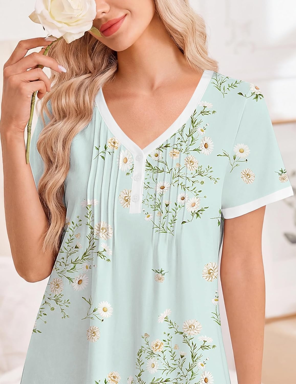 image:imageEkouaer Cotton Nightgowns for Women Short Sleeve Moo Moo Night Gowns Soft Cotton Button Front amp Pleated House Dress V Neck Floral Mumu Dress Plus Size Pajama Dress for Sleeping and LoungingFloral Green