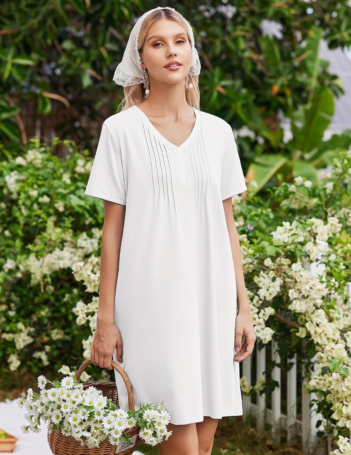 image:imageEkouaer Cotton Nightgowns for Women Short Sleeve Moo Moo Night Gowns Soft Cotton Button Front amp Pleated House Dress V Neck Floral Mumu Dress Plus Size Pajama Dress for Sleeping and LoungingWhite