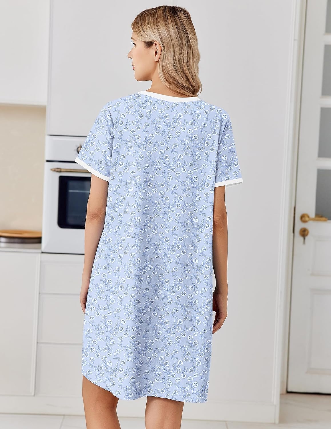 image:imageEkouaer Cotton Nightgowns for Women Short Sleeve Moo Moo Night Gowns Soft Cotton Button Front amp Pleated House Dress V Neck Floral Mumu Dress Plus Size Pajama Dress for Sleeping and LoungingLittle Flowers Blue