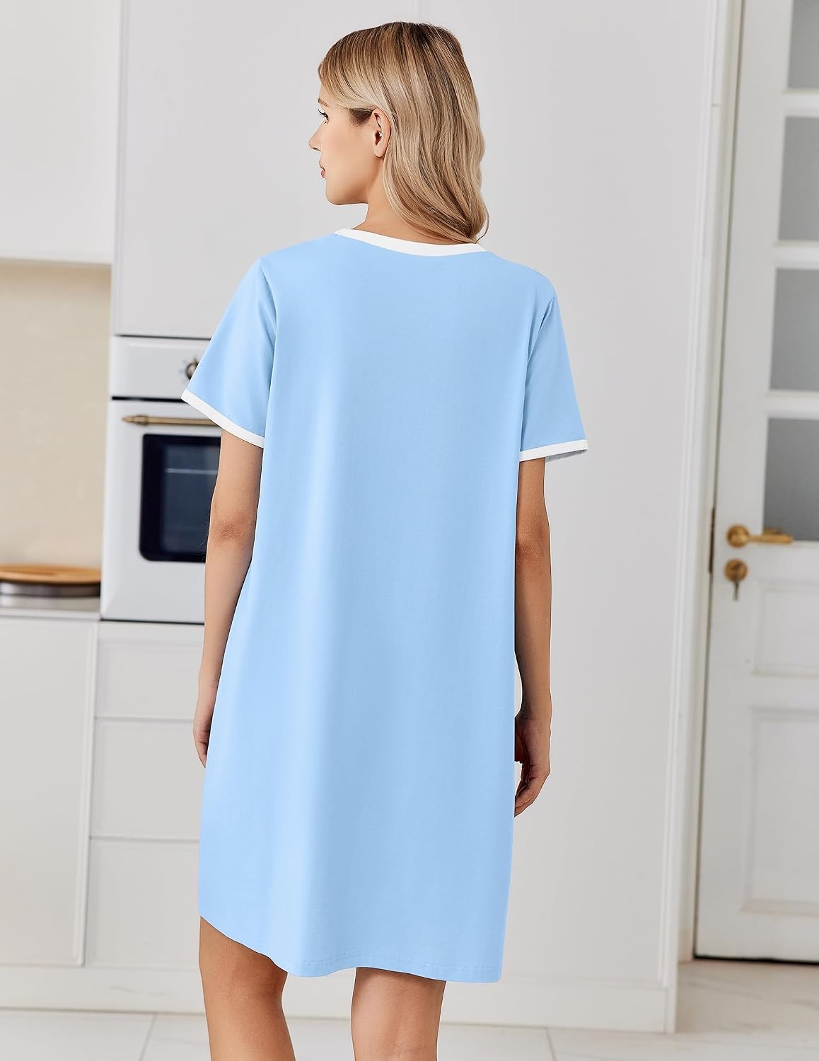 image:imageEkouaer Cotton Nightgowns for Women Short Sleeve Moo Moo Night Gowns Soft Cotton Button Front amp Pleated House Dress V Neck Floral Mumu Dress Plus Size Pajama Dress for Sleeping and LoungingBlue