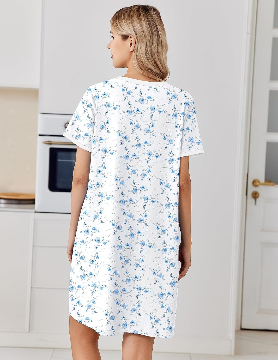 image:imageEkouaer Cotton Nightgowns for Women Short Sleeve Moo Moo Night Gowns Soft Cotton Button Front amp Pleated House Dress V Neck Floral Mumu Dress Plus Size Pajama Dress for Sleeping and LoungingBlue Flowers White