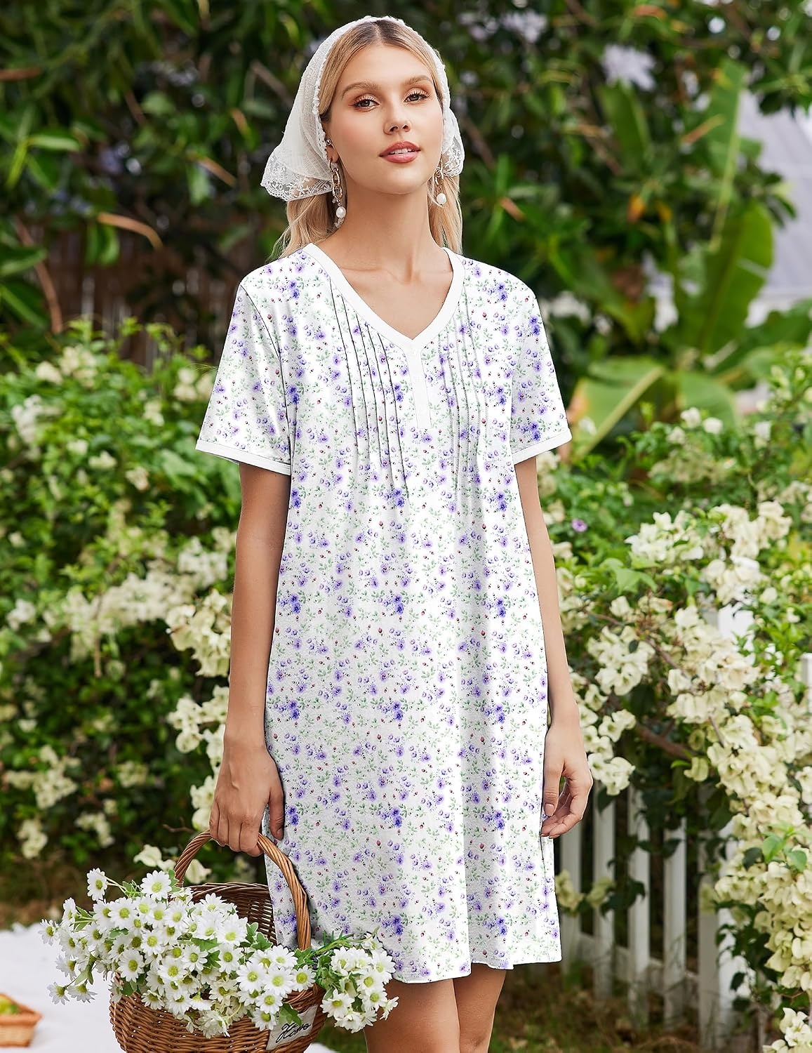 image:imageEkouaer Cotton Nightgowns for Women Short Sleeve Moo Moo Night Gowns Soft Cotton Button Front amp Pleated House Dress V Neck Floral Mumu Dress Plus Size Pajama Dress for Sleeping and LoungingLittle Flowers White