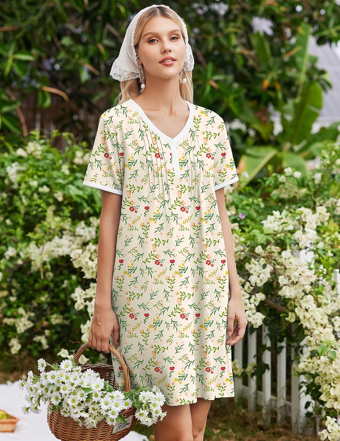 image:imageEkouaer Cotton Nightgowns for Women Short Sleeve Moo Moo Night Gowns Soft Cotton Button Front amp Pleated House Dress V Neck Floral Mumu Dress Plus Size Pajama Dress for Sleeping and LoungingFloral Light Yellow