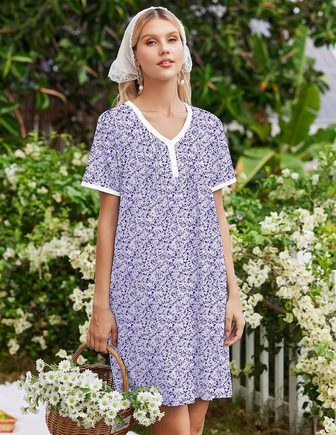 image:imageEkouaer Cotton Nightgowns for Women Short Sleeve Moo Moo Night Gowns Soft Cotton Button Front amp Pleated House Dress V Neck Floral Mumu Dress Plus Size Pajama Dress for Sleeping and LoungingFloral Purple