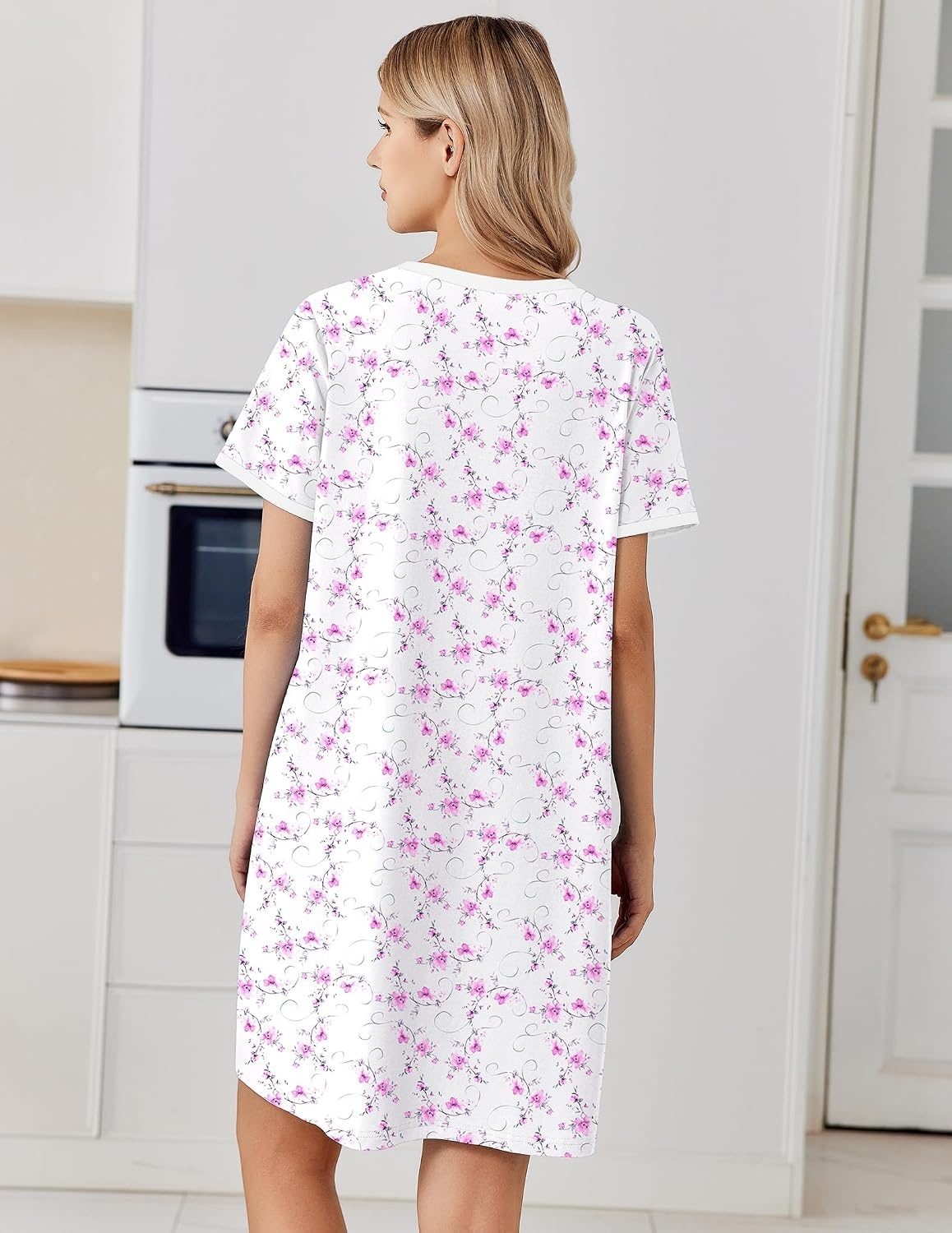 image:imageEkouaer Cotton Nightgowns for Women Short Sleeve Moo Moo Night Gowns Soft Cotton Button Front amp Pleated House Dress V Neck Floral Mumu Dress Plus Size Pajama Dress for Sleeping and LoungingPink Flowers White