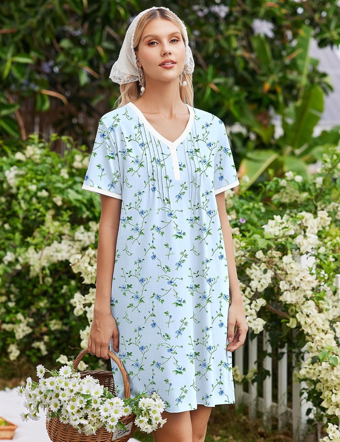 image:imageEkouaer Cotton Nightgowns for Women Short Sleeve Moo Moo Night Gowns Soft Cotton Button Front amp Pleated House Dress V Neck Floral Mumu Dress Plus Size Pajama Dress for Sleeping and LoungingFloral Light Blue