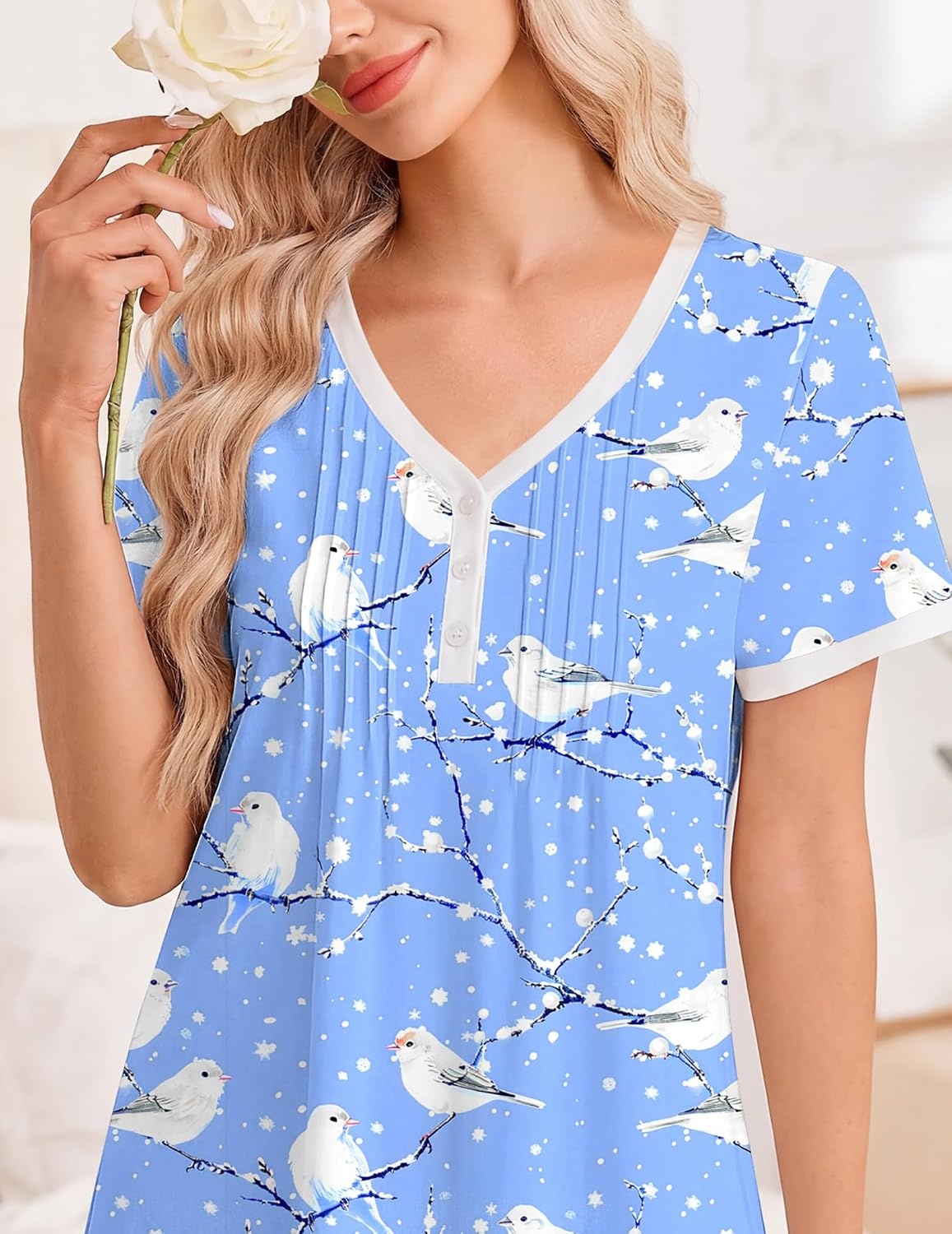 image:imageEkouaer Cotton Nightgowns for Women Short Sleeve Moo Moo Night Gowns Soft Cotton Button Front amp Pleated House Dress V Neck Floral Mumu Dress Plus Size Pajama Dress for Sleeping and LoungingBirds Blue