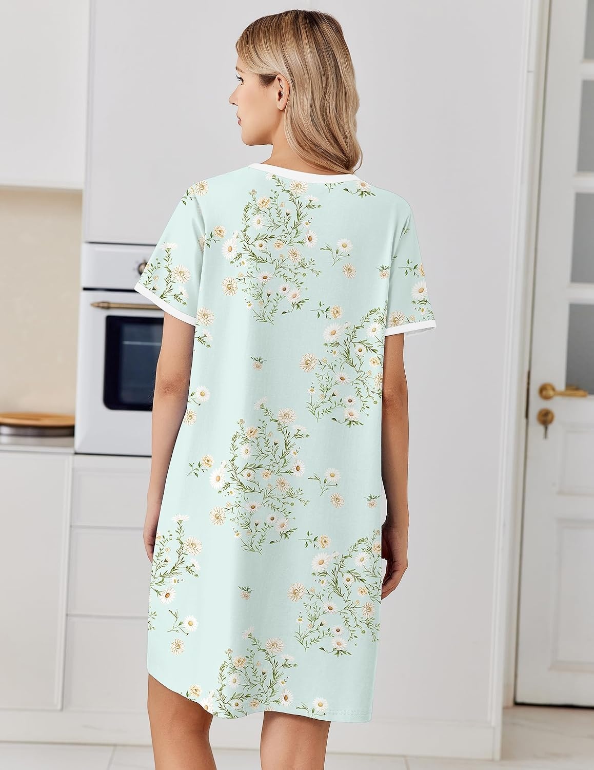 image:imageEkouaer Cotton Nightgowns for Women Short Sleeve Moo Moo Night Gowns Soft Cotton Button Front amp Pleated House Dress V Neck Floral Mumu Dress Plus Size Pajama Dress for Sleeping and LoungingFloral Green