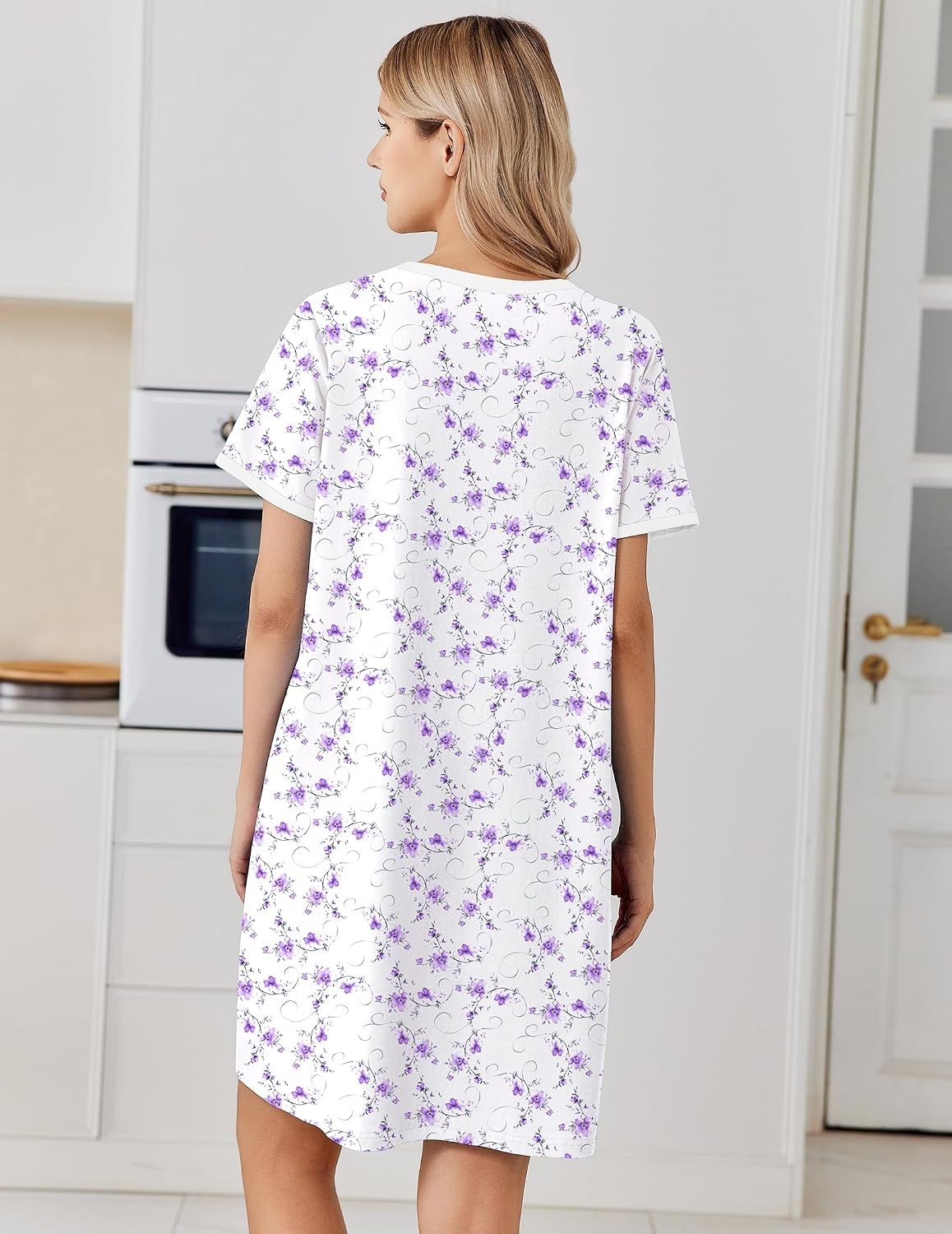 image:imageEkouaer Cotton Nightgowns for Women Short Sleeve Moo Moo Night Gowns Soft Cotton Button Front amp Pleated House Dress V Neck Floral Mumu Dress Plus Size Pajama Dress for Sleeping and LoungingPurple Flowers White