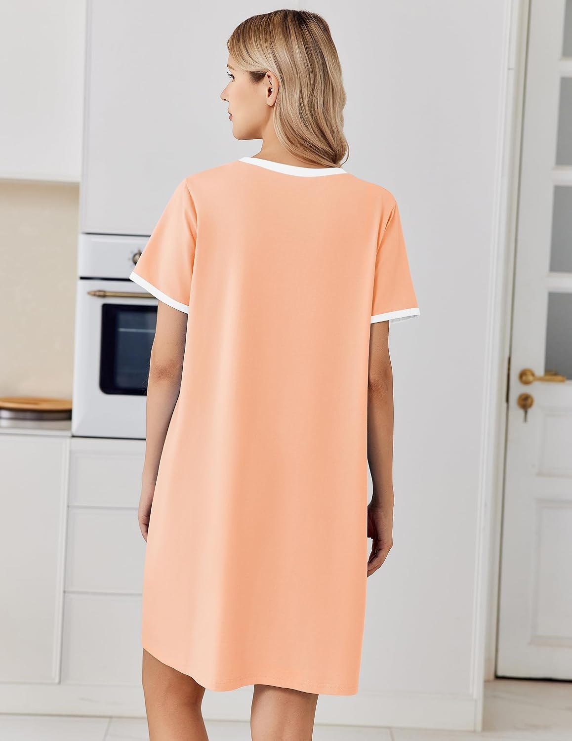 image:imageEkouaer Cotton Nightgowns for Women Short Sleeve Moo Moo Night Gowns Soft Cotton Button Front amp Pleated House Dress V Neck Floral Mumu Dress Plus Size Pajama Dress for Sleeping and LoungingPink