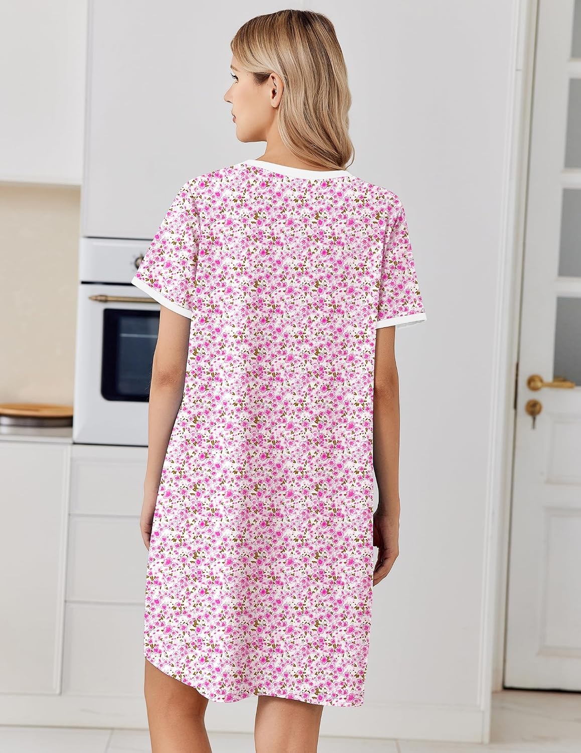 image:imageEkouaer Cotton Nightgowns for Women Short Sleeve Moo Moo Night Gowns Soft Cotton Button Front amp Pleated House Dress V Neck Floral Mumu Dress Plus Size Pajama Dress for Sleeping and LoungingFlowers Pink