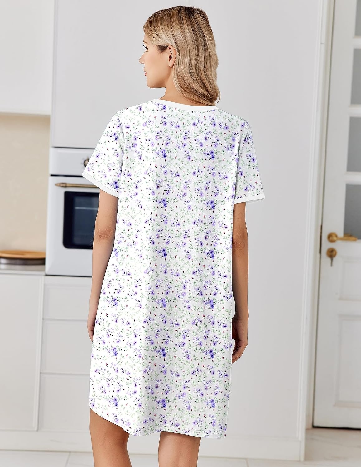 image:imageEkouaer Cotton Nightgowns for Women Short Sleeve Moo Moo Night Gowns Soft Cotton Button Front amp Pleated House Dress V Neck Floral Mumu Dress Plus Size Pajama Dress for Sleeping and LoungingLittle Flowers White