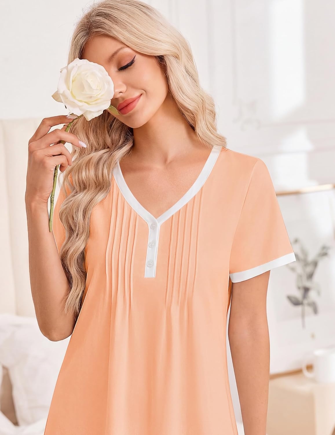 image:imageEkouaer Cotton Nightgowns for Women Short Sleeve Moo Moo Night Gowns Soft Cotton Button Front amp Pleated House Dress V Neck Floral Mumu Dress Plus Size Pajama Dress for Sleeping and LoungingPink