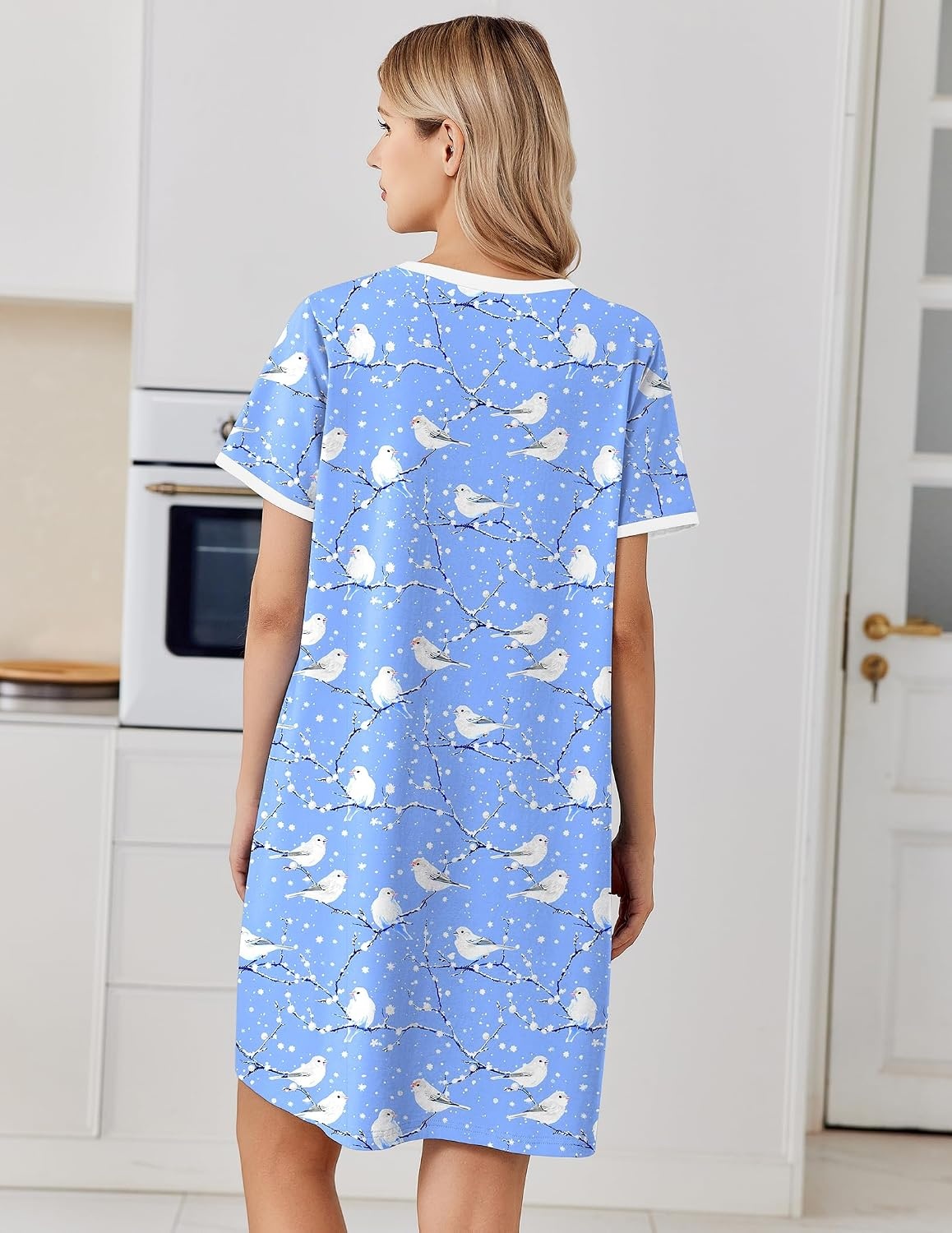 image:imageEkouaer Cotton Nightgowns for Women Short Sleeve Moo Moo Night Gowns Soft Cotton Button Front amp Pleated House Dress V Neck Floral Mumu Dress Plus Size Pajama Dress for Sleeping and LoungingBirds Blue