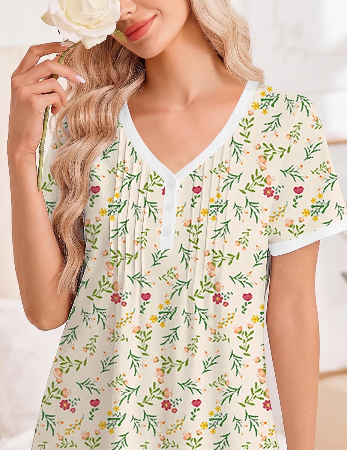 image:imageEkouaer Cotton Nightgowns for Women Short Sleeve Moo Moo Night Gowns Soft Cotton Button Front amp Pleated House Dress V Neck Floral Mumu Dress Plus Size Pajama Dress for Sleeping and LoungingFloral Light Yellow