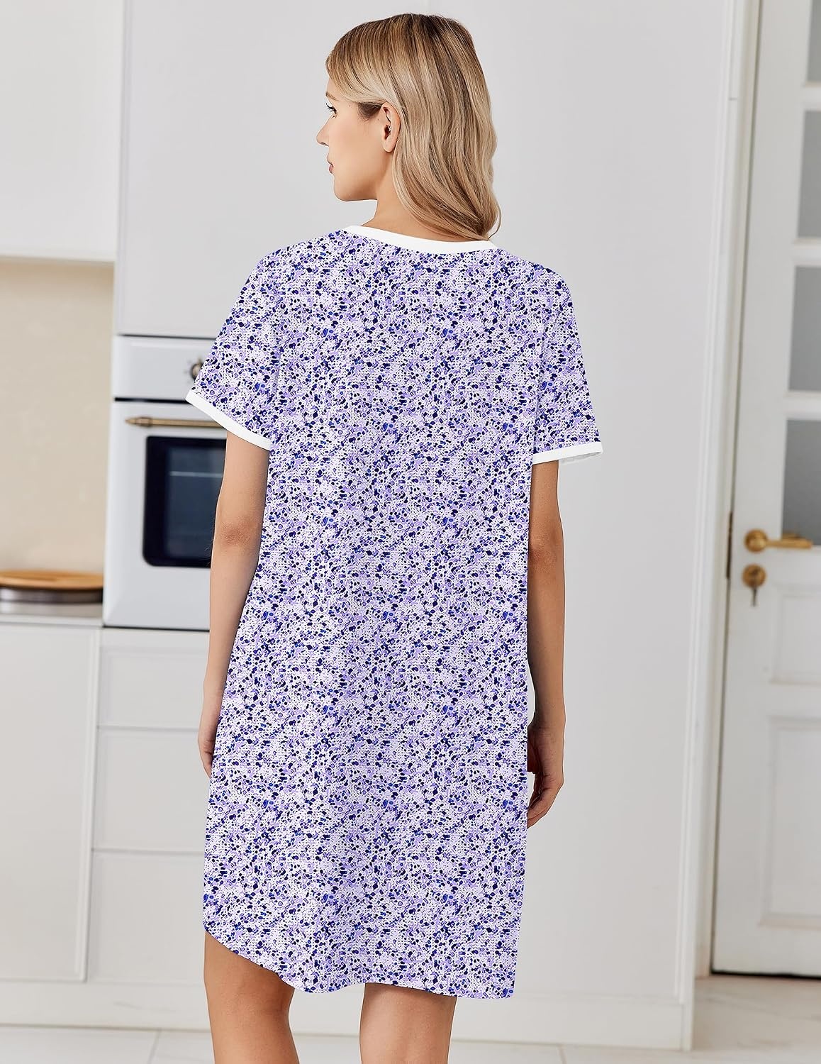 image:imageEkouaer Cotton Nightgowns for Women Short Sleeve Moo Moo Night Gowns Soft Cotton Button Front amp Pleated House Dress V Neck Floral Mumu Dress Plus Size Pajama Dress for Sleeping and LoungingFloral Purple