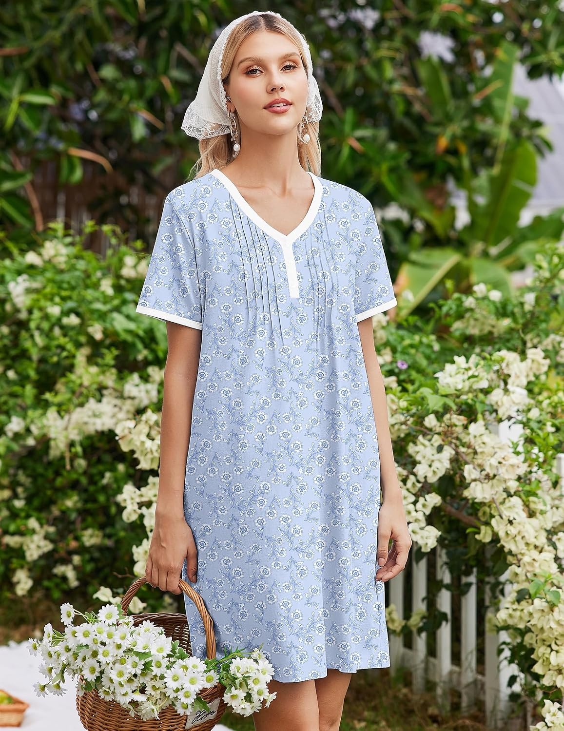 image:imageEkouaer Cotton Nightgowns for Women Short Sleeve Moo Moo Night Gowns Soft Cotton Button Front amp Pleated House Dress V Neck Floral Mumu Dress Plus Size Pajama Dress for Sleeping and LoungingLittle Flowers Blue