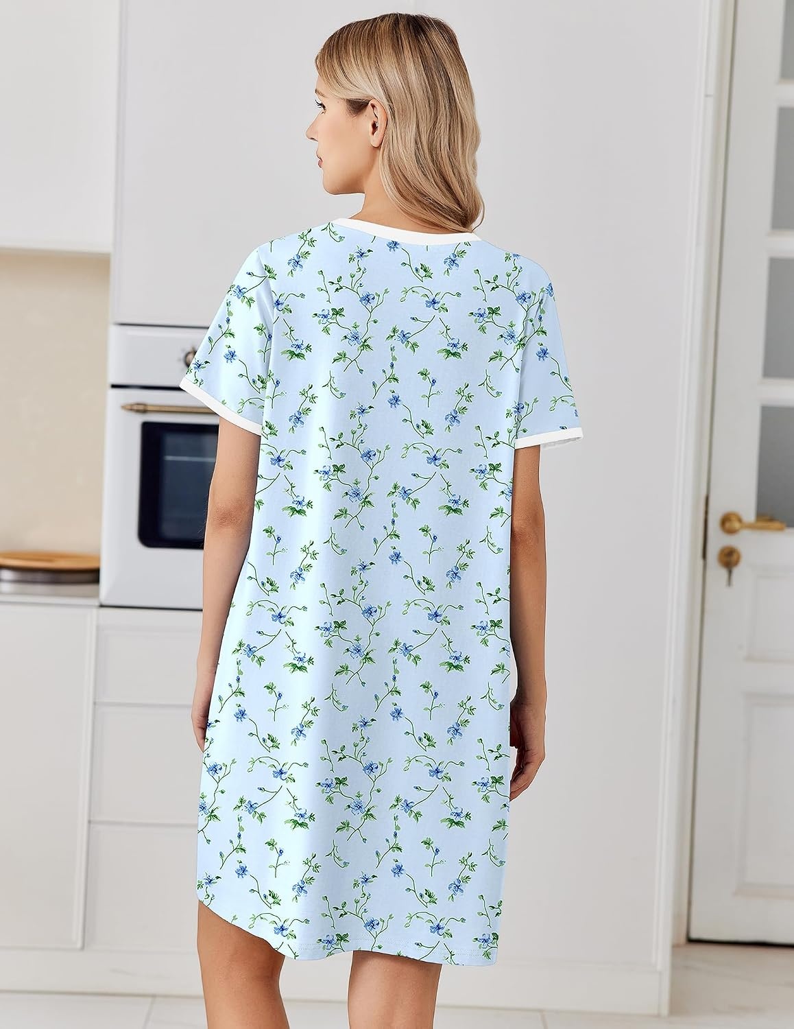 image:imageEkouaer Cotton Nightgowns for Women Short Sleeve Moo Moo Night Gowns Soft Cotton Button Front amp Pleated House Dress V Neck Floral Mumu Dress Plus Size Pajama Dress for Sleeping and LoungingFloral Light Blue