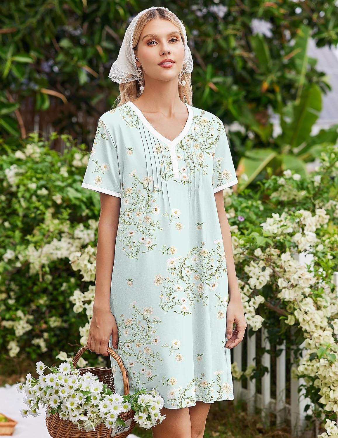 image:imageEkouaer Cotton Nightgowns for Women Short Sleeve Moo Moo Night Gowns Soft Cotton Button Front amp Pleated House Dress V Neck Floral Mumu Dress Plus Size Pajama Dress for Sleeping and LoungingFloral Green