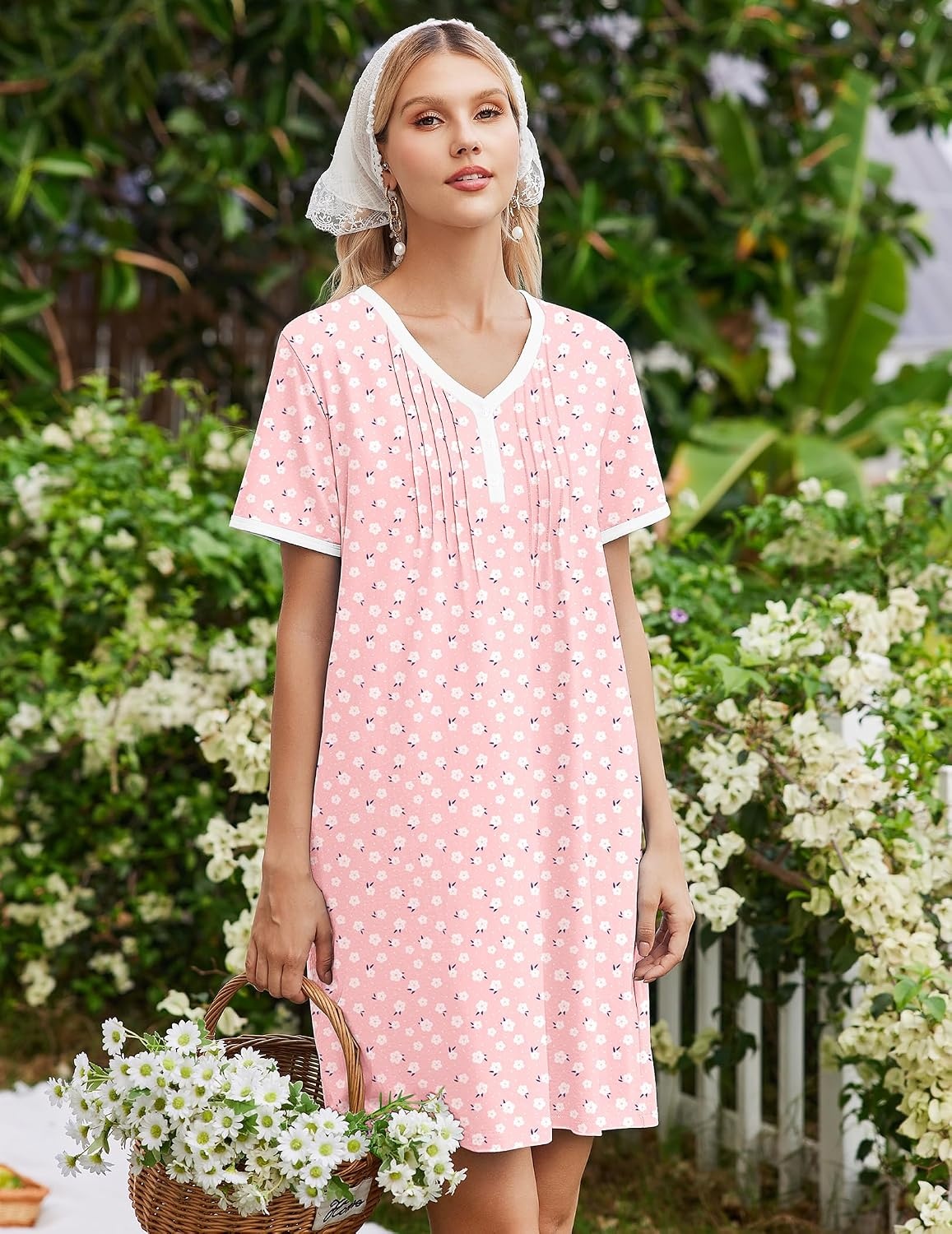 image:imageEkouaer Cotton Nightgowns for Women Short Sleeve Moo Moo Night Gowns Soft Cotton Button Front amp Pleated House Dress V Neck Floral Mumu Dress Plus Size Pajama Dress for Sleeping and LoungingLittle Flowers Pink