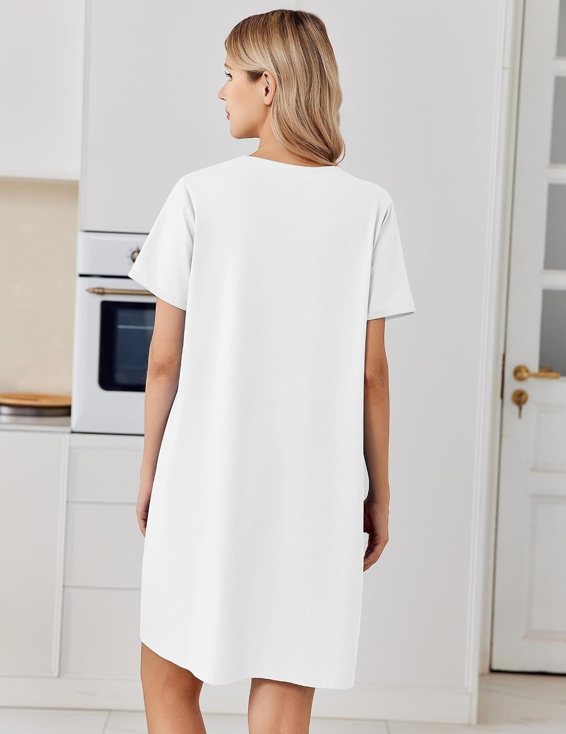 image:imageEkouaer Cotton Nightgowns for Women Short Sleeve Moo Moo Night Gowns Soft Cotton Button Front amp Pleated House Dress V Neck Floral Mumu Dress Plus Size Pajama Dress for Sleeping and LoungingWhite