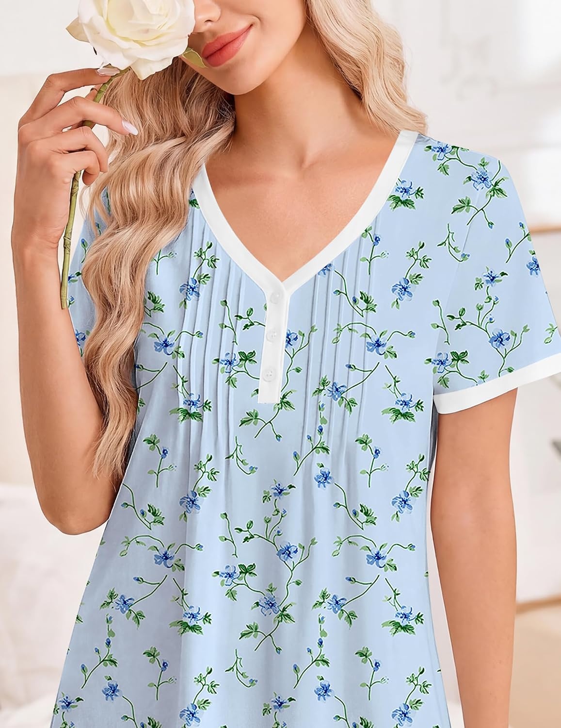 image:imageEkouaer Cotton Nightgowns for Women Short Sleeve Moo Moo Night Gowns Soft Cotton Button Front amp Pleated House Dress V Neck Floral Mumu Dress Plus Size Pajama Dress for Sleeping and LoungingFloral Light Blue