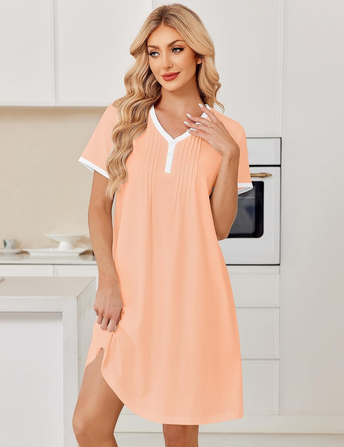 image:imageEkouaer Cotton Nightgowns for Women Short Sleeve Moo Moo Night Gowns Soft Cotton Button Front amp Pleated House Dress V Neck Floral Mumu Dress Plus Size Pajama Dress for Sleeping and LoungingPink