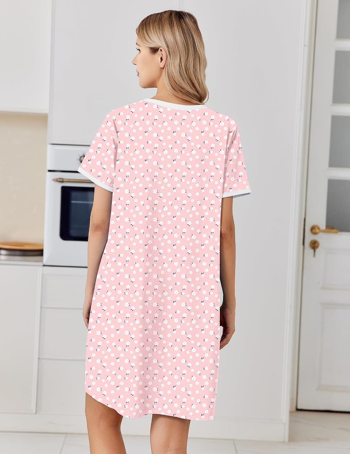 image:imageEkouaer Cotton Nightgowns for Women Short Sleeve Moo Moo Night Gowns Soft Cotton Button Front amp Pleated House Dress V Neck Floral Mumu Dress Plus Size Pajama Dress for Sleeping and LoungingLittle Flowers Pink
