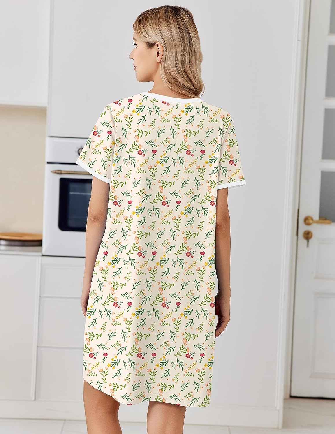image:imageEkouaer Cotton Nightgowns for Women Short Sleeve Moo Moo Night Gowns Soft Cotton Button Front amp Pleated House Dress V Neck Floral Mumu Dress Plus Size Pajama Dress for Sleeping and LoungingFloral Light Yellow