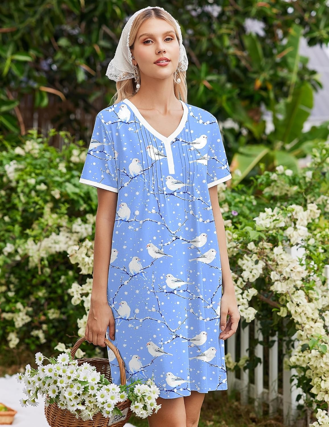 image:imageEkouaer Cotton Nightgowns for Women Short Sleeve Moo Moo Night Gowns Soft Cotton Button Front amp Pleated House Dress V Neck Floral Mumu Dress Plus Size Pajama Dress for Sleeping and LoungingBirds Blue