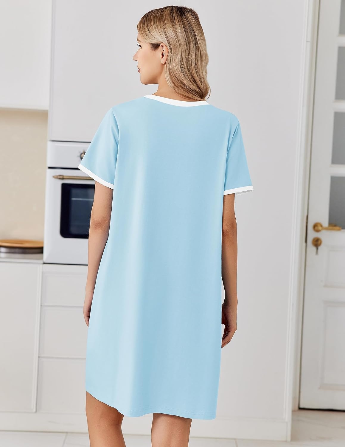 image:imageEkouaer Cotton Nightgowns for Women Short Sleeve Moo Moo Night Gowns Soft Cotton Button Front amp Pleated House Dress V Neck Floral Mumu Dress Plus Size Pajama Dress for Sleeping and LoungingCyan