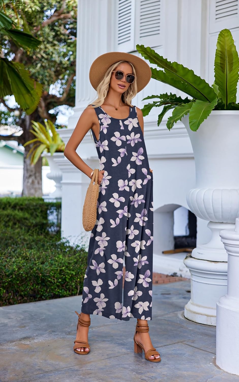 image:imageEkouaer Jumpsuits for Women Casual Summer Sleeveless Rompers Travel Outfits Loose Fit Wide Leg Overalls Printed Baggy Rompers Vacation Cruise Beach Jumpers with PocketsBlueWhite Flower