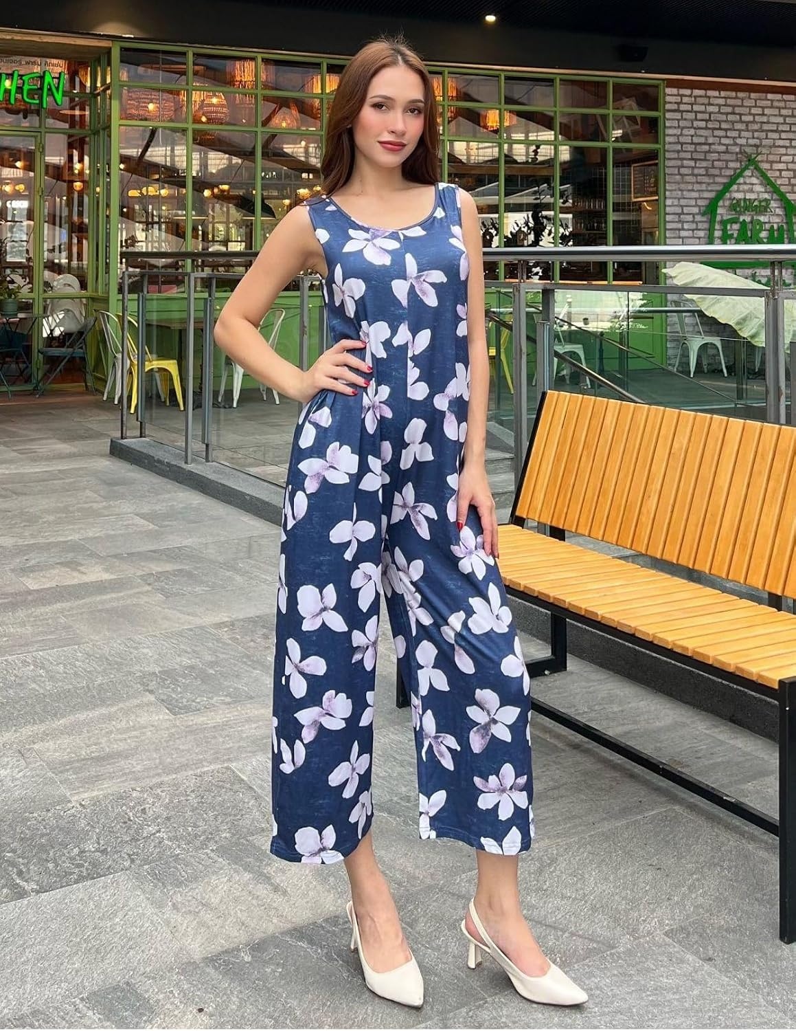 image:imageEkouaer Jumpsuits for Women Casual Summer Sleeveless Rompers Travel Outfits Loose Fit Wide Leg Overalls Printed Baggy Rompers Vacation Cruise Beach Jumpers with PocketsBlueWhite Flower