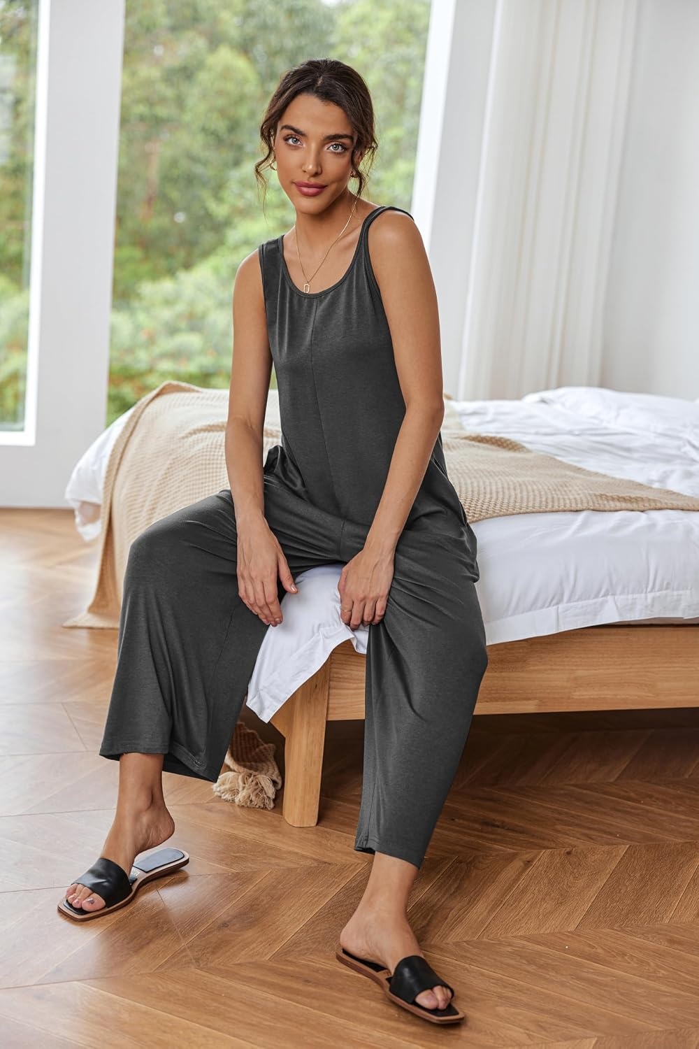 image:imageEkouaer Jumpsuits for Women Casual Summer Sleeveless Rompers Travel Outfits Loose Fit Wide Leg Overalls Printed Baggy Rompers Vacation Cruise Beach Jumpers with PocketsDark Gray