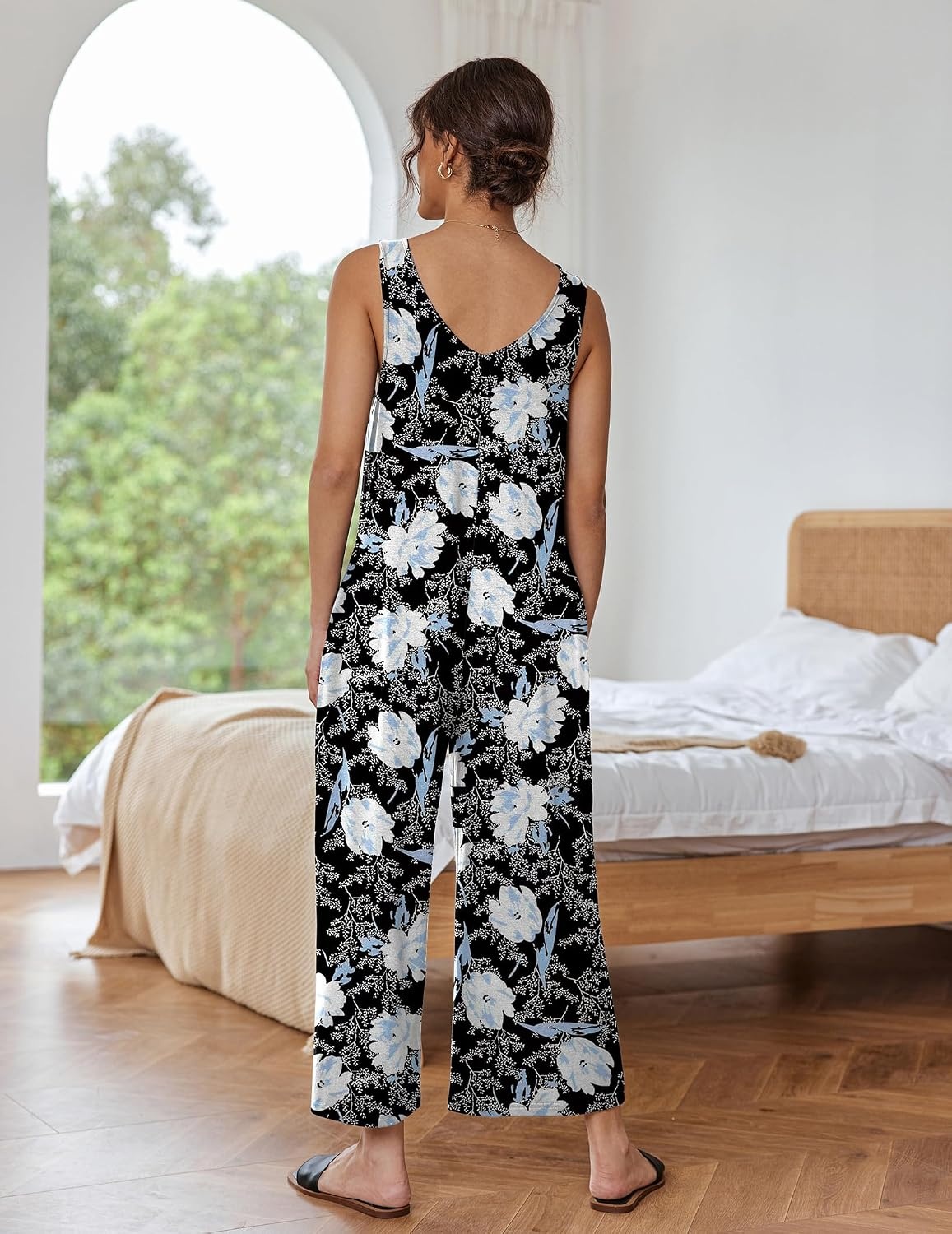 image:imageEkouaer Jumpsuits for Women Casual Summer Sleeveless Rompers Travel Outfits Loose Fit Wide Leg Overalls Printed Baggy Rompers Vacation Cruise Beach Jumpers with PocketsBlackWhite Flower