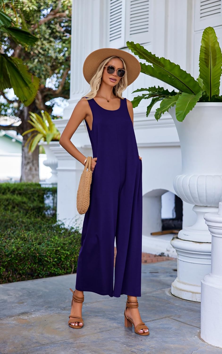 image:imageEkouaer Jumpsuits for Women Casual Summer Sleeveless Rompers Travel Outfits Loose Fit Wide Leg Overalls Printed Baggy Rompers Vacation Cruise Beach Jumpers with PocketsNavy Blue